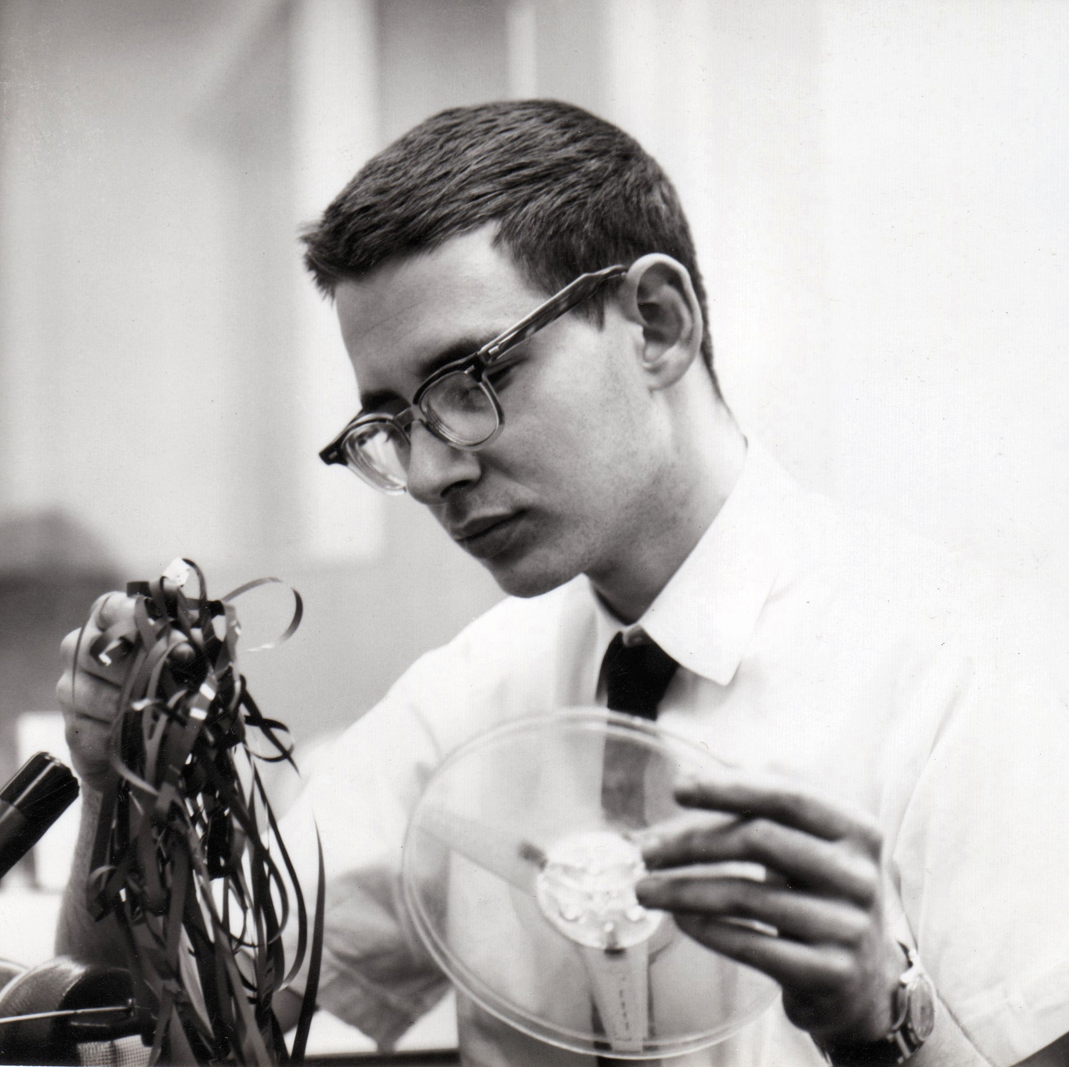 Henry Fogel editing tape at WONO, 1963 or 1964, Syracuse NY