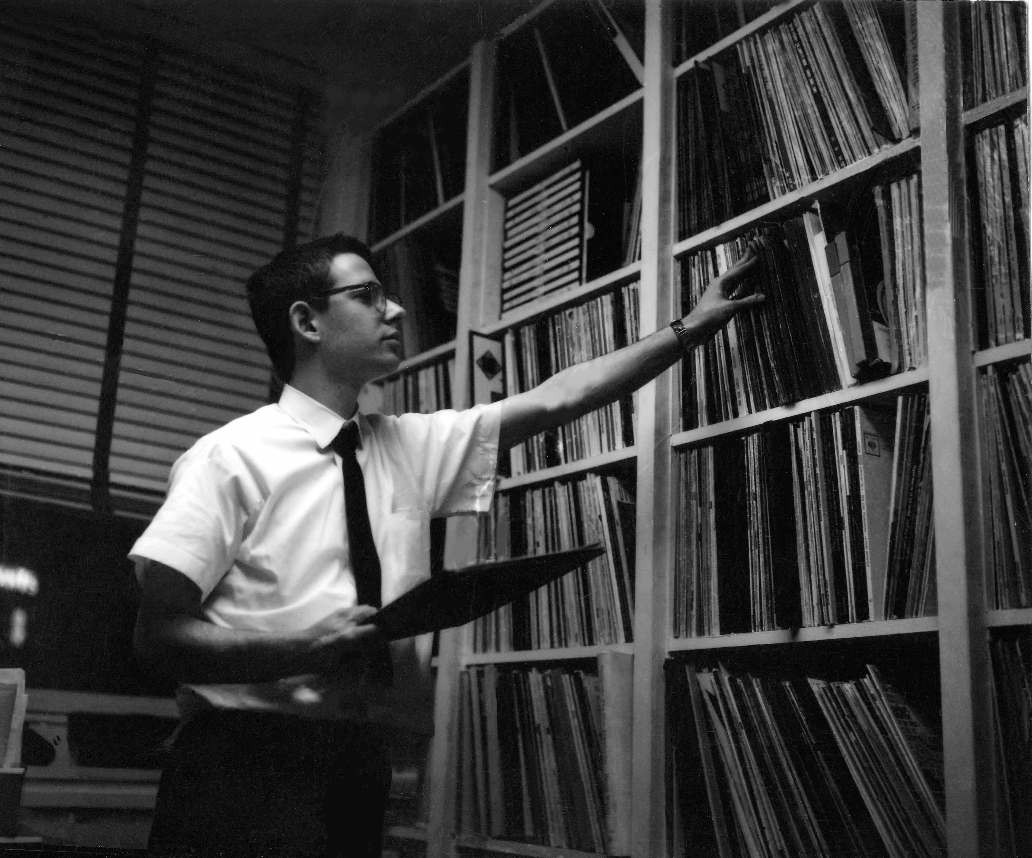 Henry Fogel in the record library at WONO, 1963 or 1964, Syracuse NY